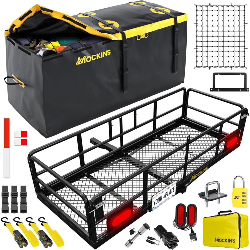 imageMockins 60quotx24quotx14quot High Rail Folding Car Trailer Hitch Cargo Carrier wRear Lights Plate Bracket ampamp 30 CuFt Waterproof Cargo Bag for Hitch Carrier  500Lbs Capacity Luggage Rack for SUV Car Truck RVExtra Large 60Lx24Wx14H  30 CuFt Bag  LIGHTS