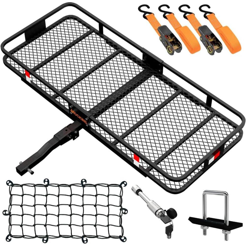 imageMockins 60quotx24quotx6quot Heavy Duty Trailer Hitch Cargo Carrier with 500 Lbs Capacity  Great for Camping Road Trips Moving ampamp More  Hauling Set Includes Straps Net Lock ampamp StabilizerExtra Large 60 L X 24 W X