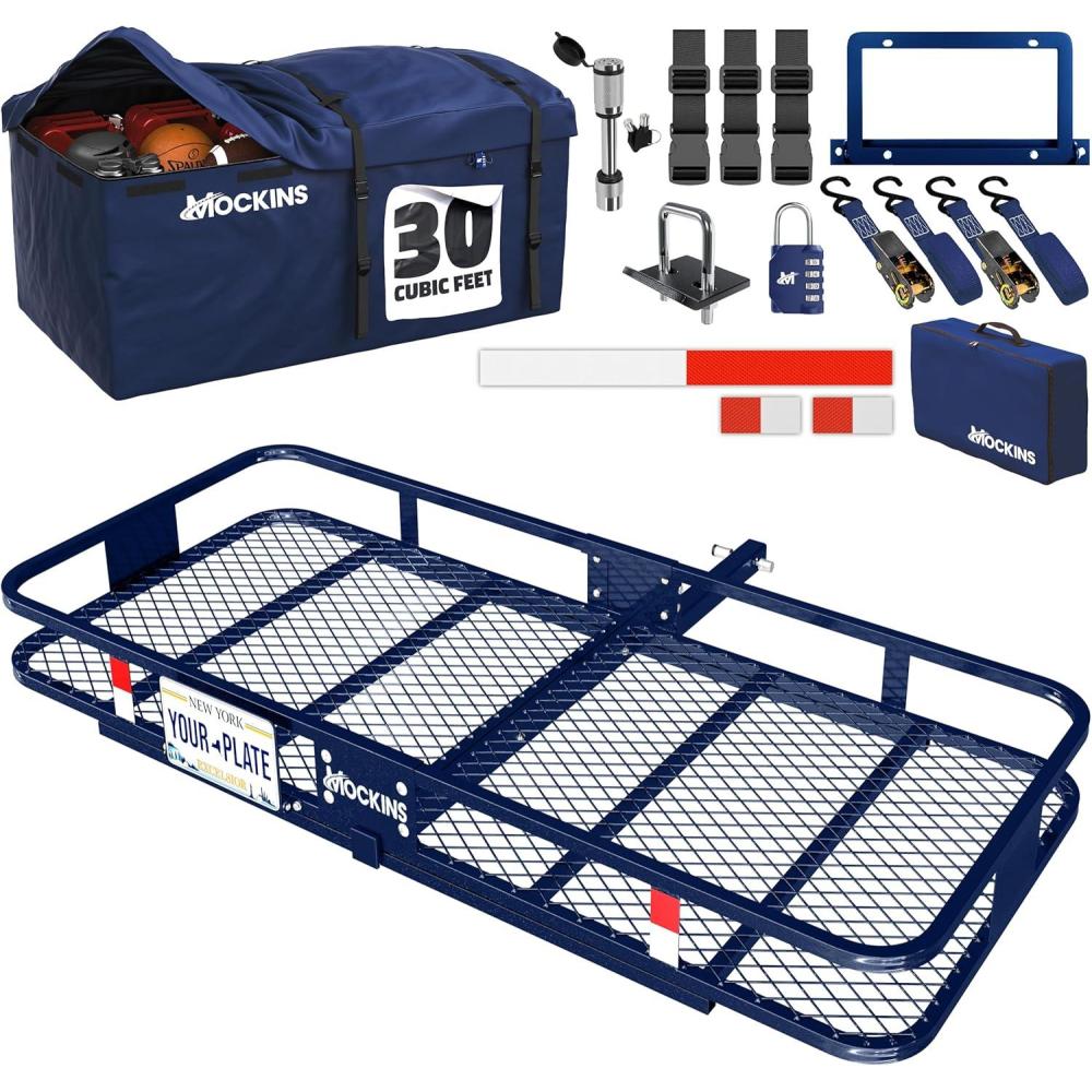 imageMockins 60quotx30quotx6quot Navy Folding Cargo Hitch Carrier ampamp 30 CuFt Trailer Hitch Cargo Carrier Bag  500Lbs Cap Folding Luggage Rack with Waterproof Luggage Bag for Truck Bed License Plate Bracket ampamp More