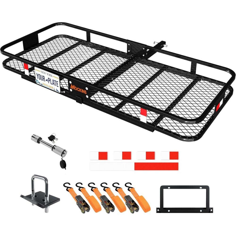 imageMockins 70quotx30quotx6quot XXL Folding Trailer Hitch Cargo Carrier 500Lbs Capacity AllWeather Luggage Rack for SUV ampamp Car Cargo Racks for Trailer Hitch wStabilizer ampamp Straps Cargo Basket Fits 2quot Receiver