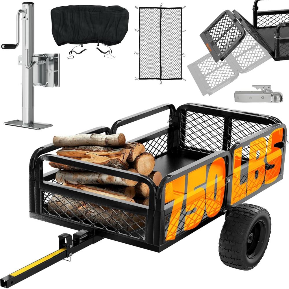 imageMockins 750 Lbs Cap Yard Wagon Heavy Duty UTV ATV Utility Trailer wRamp Attached Jack Stand ampamp 16quot Wheels  OffRoad 14 CuFt Steel Garden Dump Cart for Lawn Tractor Trailer ampamp More wCover ampamp Net