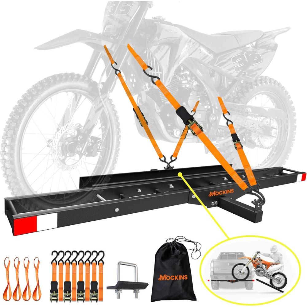 imageMockins AntiTilt 73quot Motorcycle Hitch Carrier with Ramp  500 Lbs Cap Dirt Bike Hitch Carrier  AllWeather Steel Motorcycle Trailer Mount Versatile as eBike Rack ampamp Scooter Rack with AccessoriesBlack