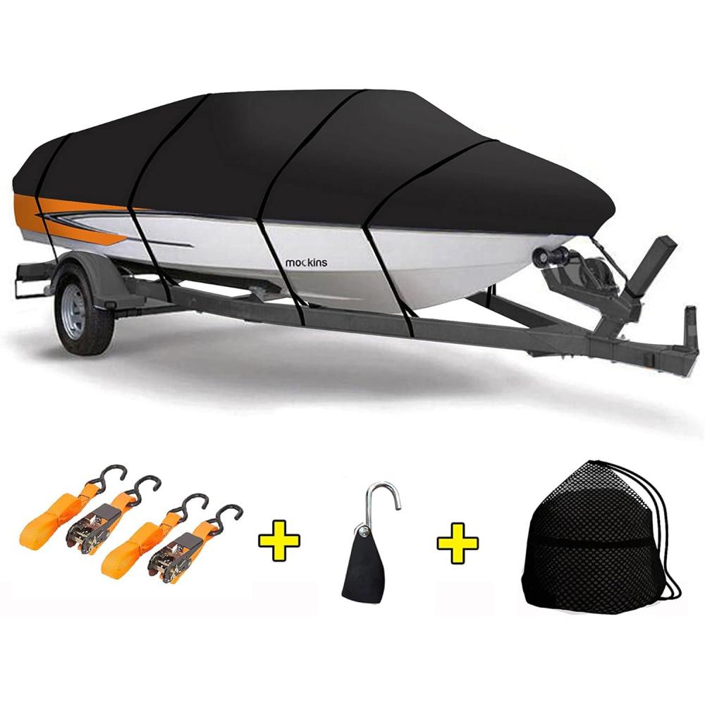 imageMockins Heavy Duty 600D Polyester Oxford Trailerable Boat Cover Fits VHull  TriHull  Fishing Boat  Runabout Boat  Bass Boat  Waterproof ampamp UV Resistant Boat CoverMedium  17  19 x 98