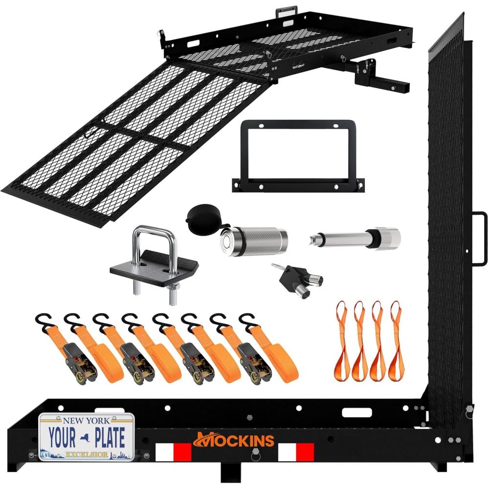imageMockins XL 60quotx30quotx5quot Folding Hitch Cargo Carrier with Ramp  Heavy Duty Trailer Hitch Basket Cargo Carrier with Portable Wheelchair Ramp  500 Lbs Cap Weatherproof Steel Scooter Rack ampamp AccessoriesLarge  48 x 285 x 4