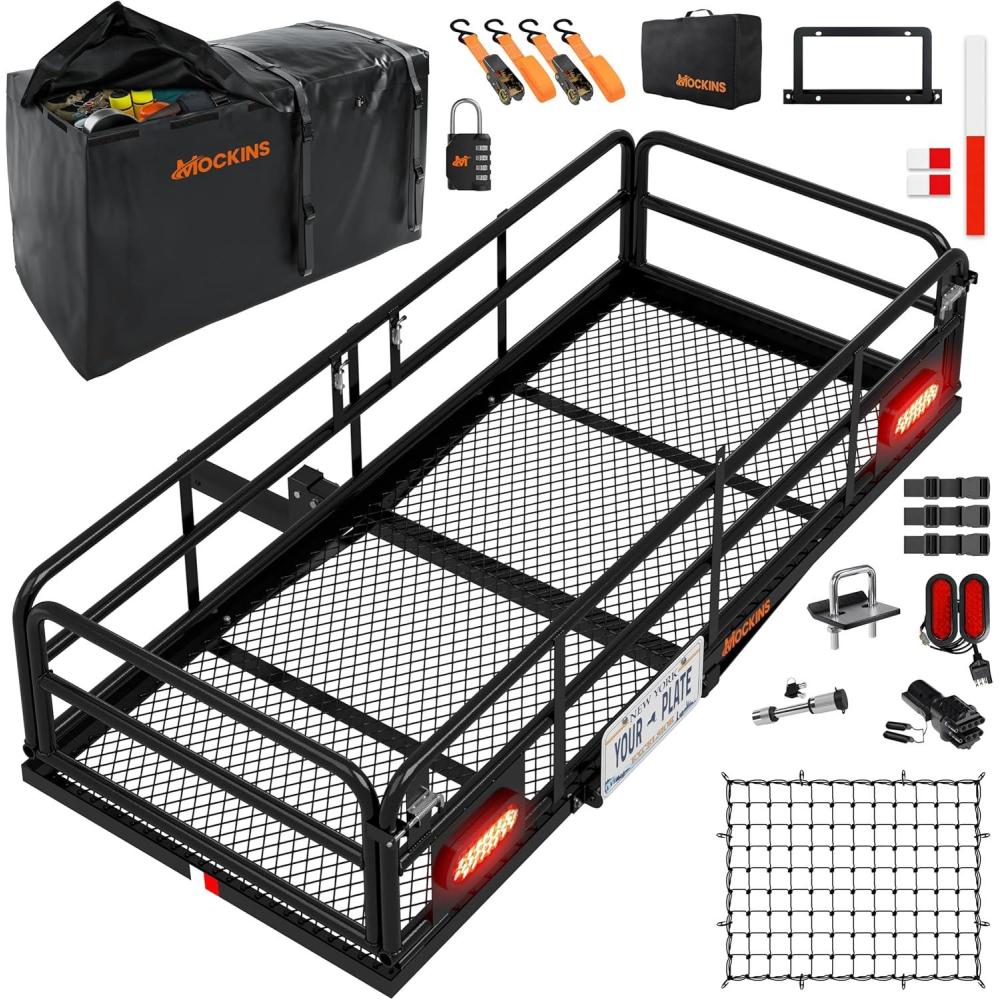 imageMockins XL 66quotx30quotx14quot High Rail Folding Hitch Cargo Carrier w 45 CuFt Trailer Hitch Cargo Carrier Bag  500Lbs Cap Luggage Rack for SUV Car ampamp Truck wRear Signal Lights License Plate Holder ampamp More