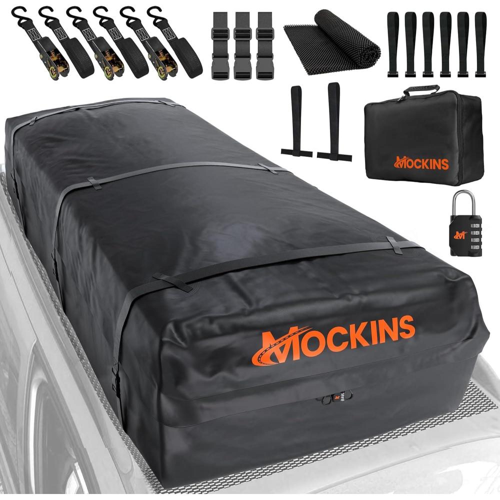 imageMockins XXL 50 CuFt Waterproof Rooftop Cargo Bag for Top of Car Storage  85quotx50quotx20quot AllWeather Soft Shell Vinyl Cargo Roof Bag  Car Top Carrier Without Roof Rack  Roof Rack Bag wAccessories50 Cubic Feet  85x50x20