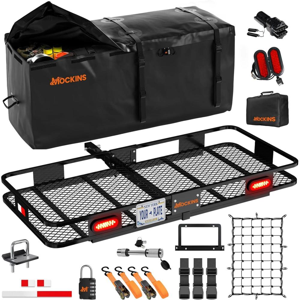 imageMockins XXL 70quotx30quotx6quot Folding Trailer Hitch Cargo Carrier wRear Lights License Plate Bracket ampamp 40 Cu Ft Waterproof Cargo Bag for Hitch Carrier  500 Lbs Cap Car Trailer Basket Set wAccessories60L X 20W X 6H