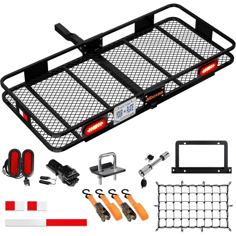 imageMockins XXL 72quotx36quotx6quot Folding Trailer Hitch Cargo Carrier wRear Lights ampamp License Plate Bracket  Weatherproof Steel Luggage Rack for SUV Car ampamp Truck  500Lbs Cap Cargo Hitch Carrier wAccessories60L X 20W X 6H