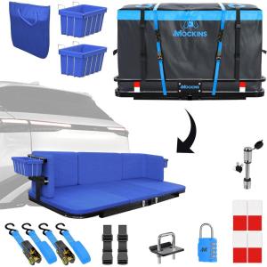 imageMockins 2in1 Trailer Hitch Cargo Carrier Bench 48quotx18quotx6quot w 15 CuFt Vehicle Soft Shell Carriers Bag  500 Lbs Capacity Folding Cargo Hitch Carrier Tailgate Seating Set wStabilizer Straps ampamp Lock48x18x6  15 CuFt Bag  Luxury Bench