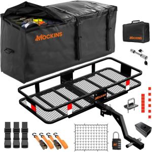 imageMockins 2in1 Trailer Hitch Cargo Carrier Bench 48quotx18quotx6quot w 15 CuFt Vehicle Soft Shell Carriers Bag  500 Lbs Capacity Folding Cargo Hitch Carrier Tailgate Seating Set wStabilizer Straps ampamp Lock48L X 20W X 6H  15 CuFt Bag