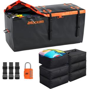 imageMockins 30 CuFt Trailer Hitch Cargo Carrier Bag  60quotx24quotx36quot Weatherproof Cargo Bag for Hitch Carrier  Waterproof Truck Bed Storage  Vinyl Vehicle Soft Shell Carriers Set for Road Trips ampamp Camping30 Cu Ft  BlackOrange  6 Packing Cubes