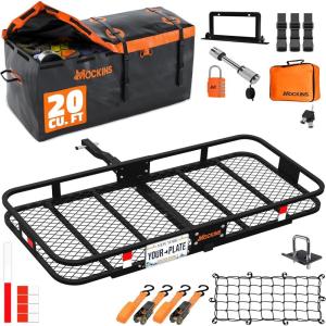imageMockins 60quotx20quotx6quot Folding Trailer Hitch Cargo Carrier w 20 CuFt Waterproof Cargo Bag for Hitch Carrier  500 Lbs Capacity Weatherproof Luggage Rack for SUV Car ampamp Truck wCar Trailer AccessoriesBlackOrange