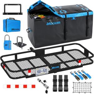 imageMockins 60quotx24quotx6quot Heavy Duty Trailer Hitch Cargo Carrier with 500 Lbs Capacity  Great for Camping Road Trips Moving ampamp More  Hauling Set Includes Straps Net Lock ampamp StabilizerExtra Large 60 L X 24 W X 6 H