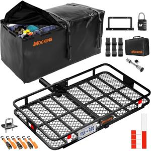 imageMockins 60quotx36quotx6quot XL Folding Trailer Hitch Cargo Carrier ampamp 35 CuFt Tow Hitch Cargo Carrier Bag  500 Lbs Capacity Luggage Rack for SUV Car Truck ampamp Soft Waterproof Trailer Rack Bag with AccessoriesXLarge 60L x 36W x 6H