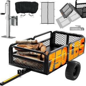 imageMockins 750 Lbs Cap Yard Wagon Heavy Duty UTV ATV Utility Trailer wRamp Attached Jack Stand ampamp 16quot Wheels  OffRoad 14 CuFt Steel Garden Dump Cart for Lawn Tractor Trailer ampamp More wCover ampamp Net