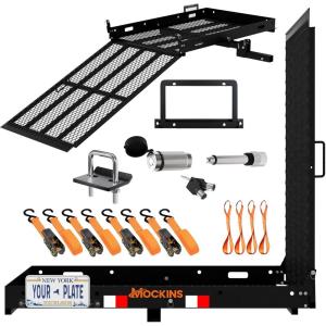 imageMockins XL 60quotx30quotx5quot Folding Hitch Cargo Carrier with Ramp  Heavy Duty Trailer Hitch Basket Cargo Carrier with Portable Wheelchair Ramp  500 Lbs Cap Weatherproof Steel Scooter Rack ampamp AccessoriesLarge  48 x 285 x 4