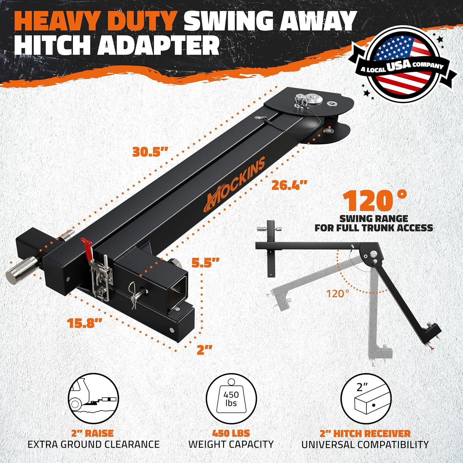 imageMockins 450 Lbs Capacity Swing Away Hitch Adapter for 2quot Receiver  120 Hitch Swing Arm Pivot Angle  Heavy Duty Swing Away Bike Rack ampamp Cargo Carrier Extender Accessory for Easy Rear Vehicle Access