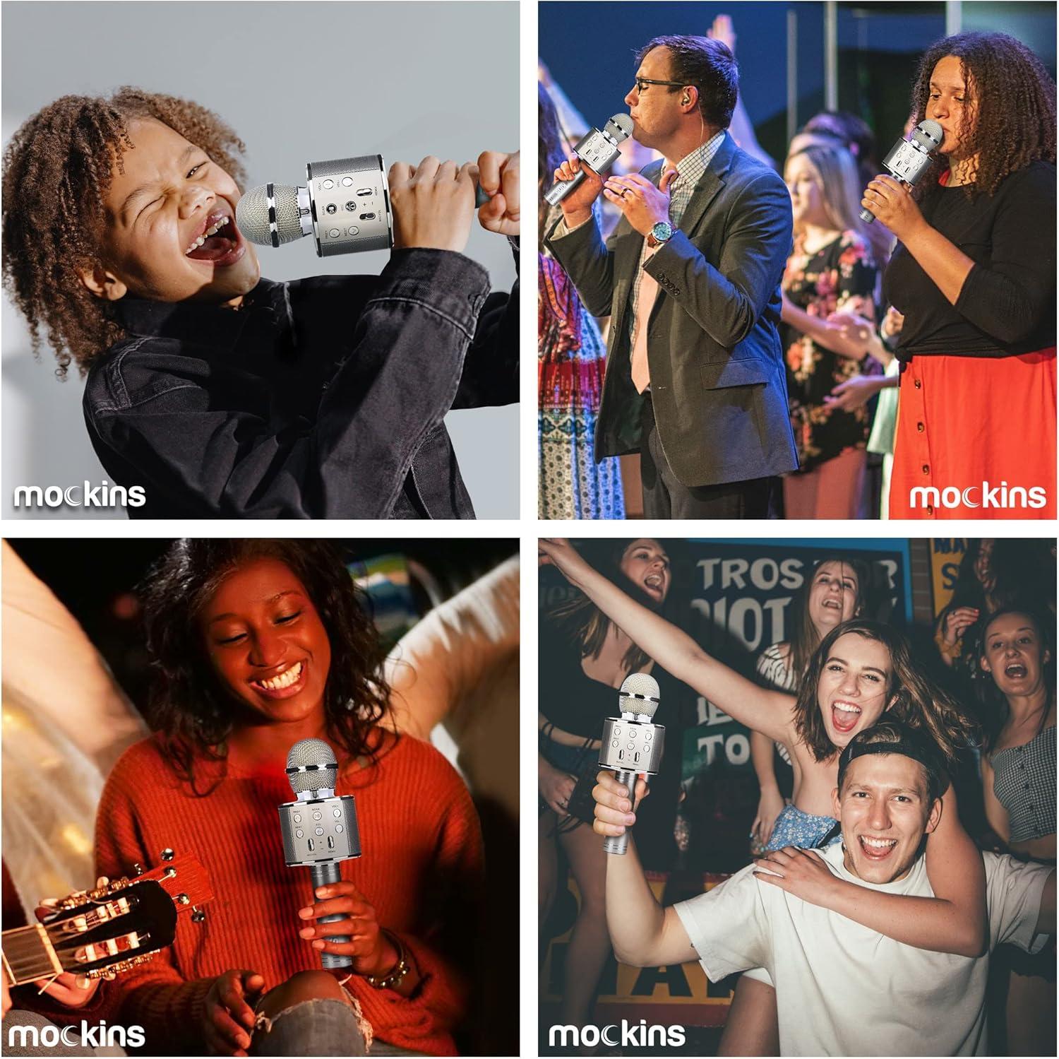 imageMockins Silver Bluetooth Karaoke Microphone for Kids with Built in Wireless Speaker Wireless Microphone Karaoke Compatible with iOS ampamp Android  AllinOne MicSilver