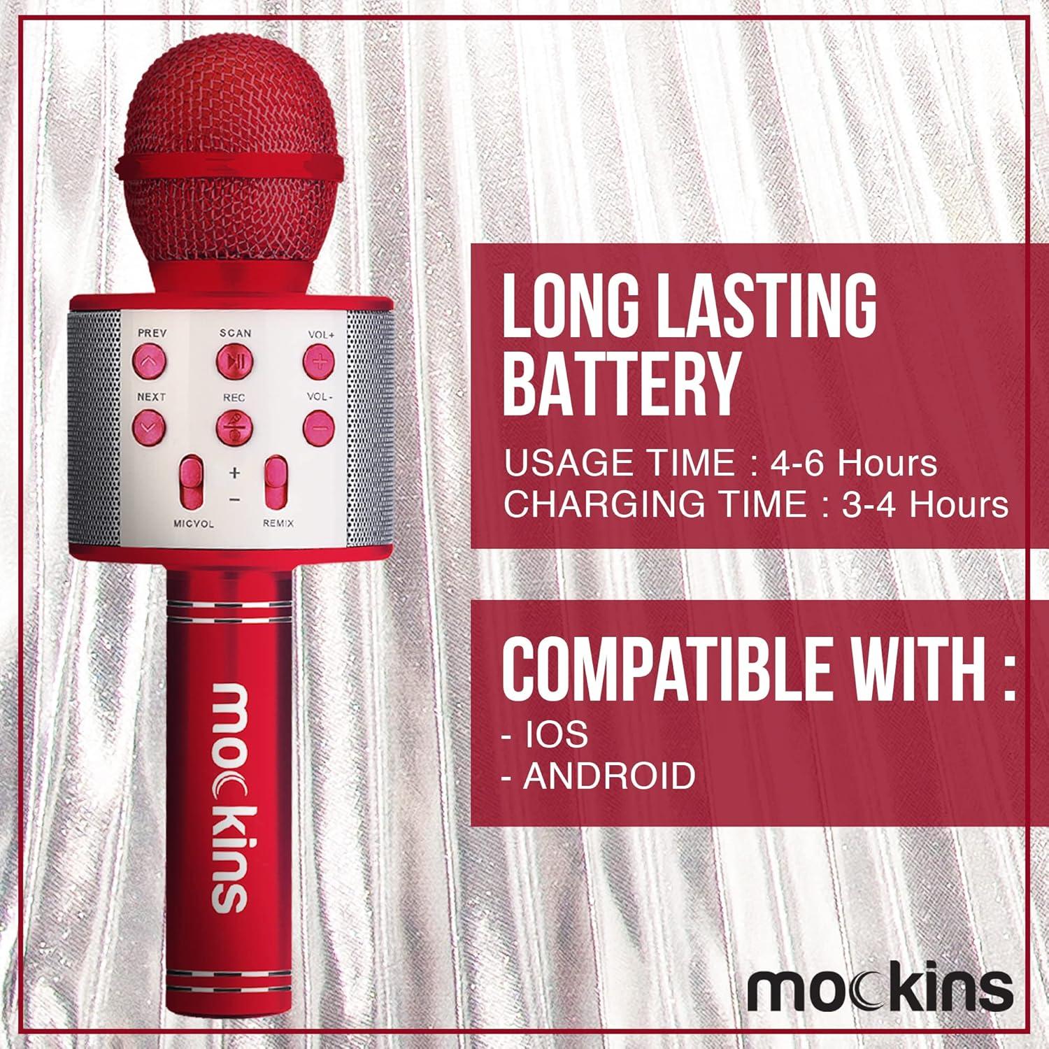 imageMockins Silver Bluetooth Karaoke Microphone for Kids with Built in Wireless Speaker Wireless Microphone Karaoke Compatible with iOS ampamp Android  AllinOne MicRed