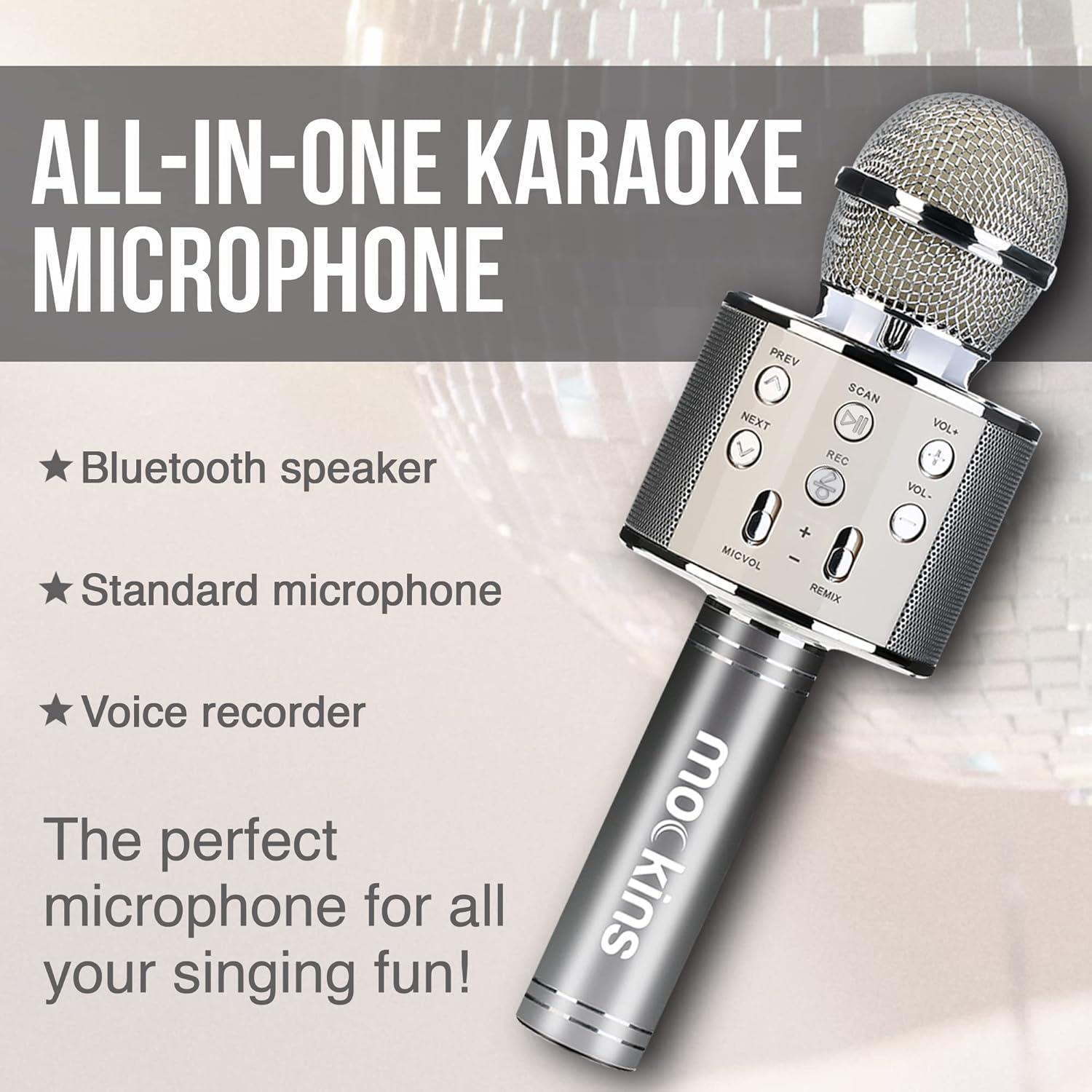 imageMockins Silver Bluetooth Karaoke Microphone for Kids with Built in Wireless Speaker Wireless Microphone Karaoke Compatible with iOS ampamp Android  AllinOne MicSilver