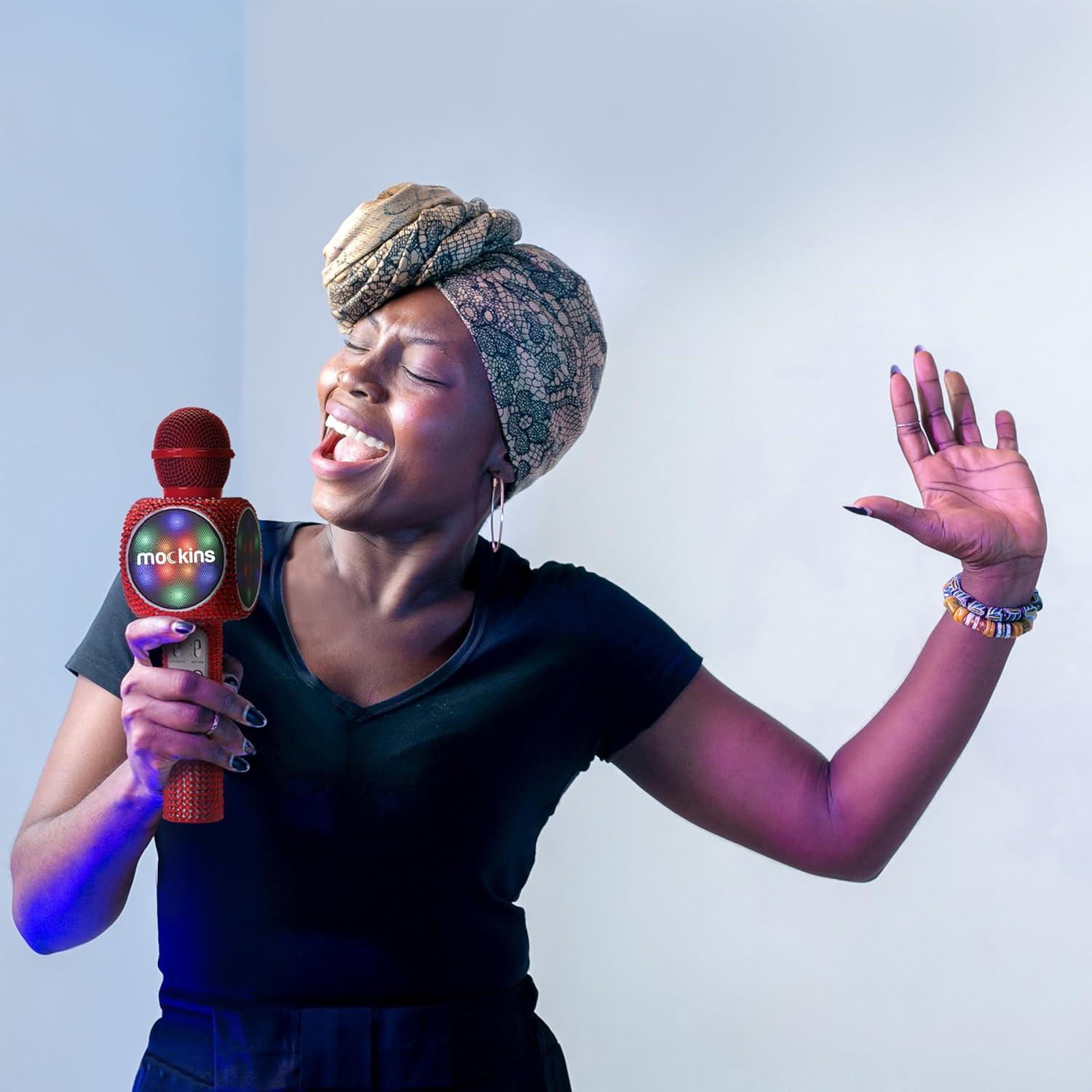 imageMockins Silver Bluetooth Karaoke Microphone for Kids with Built in Wireless Speaker Wireless Microphone Karaoke Compatible with iOS ampamp Android  AllinOne MicRed Bling