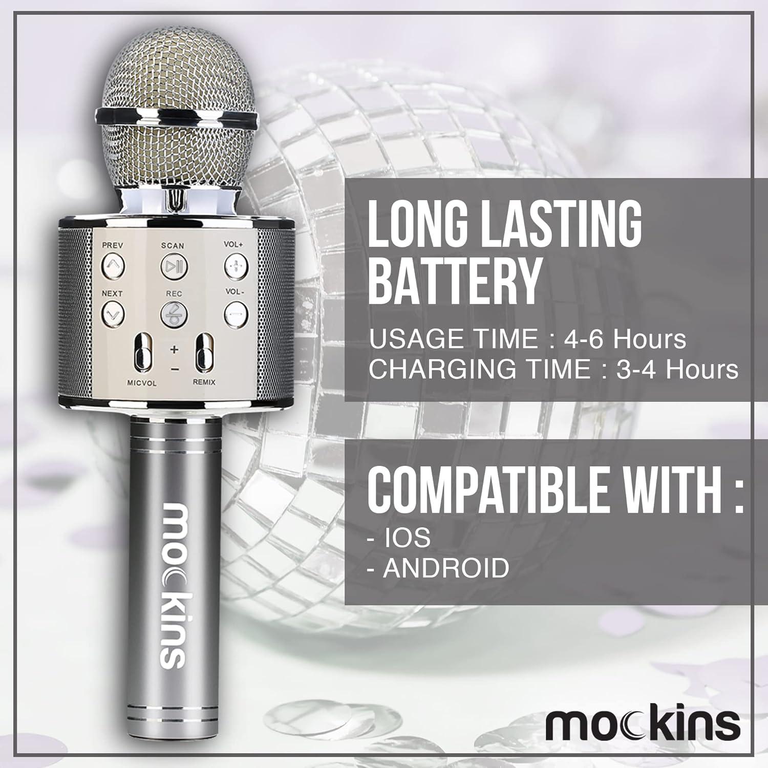 imageMockins Silver Bluetooth Karaoke Microphone for Kids with Built in Wireless Speaker Wireless Microphone Karaoke Compatible with iOS ampamp Android  AllinOne MicSilver