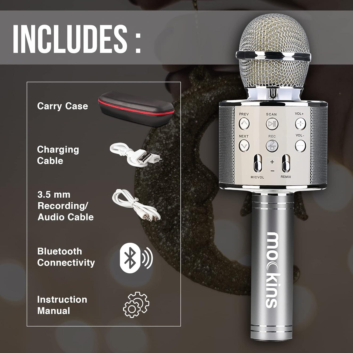 imageMockins Silver Bluetooth Karaoke Microphone for Kids with Built in Wireless Speaker Wireless Microphone Karaoke Compatible with iOS ampamp Android  AllinOne MicSilver