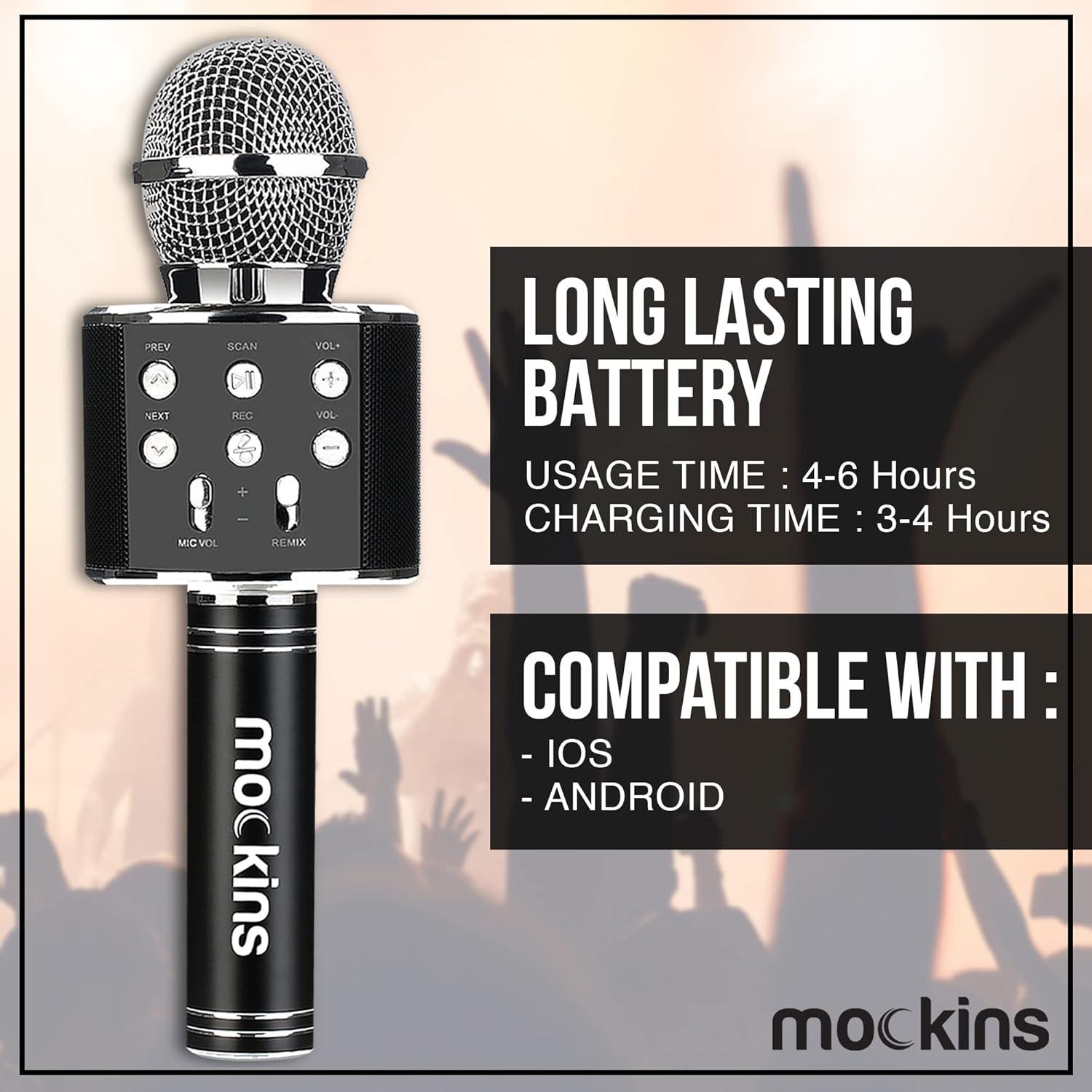 imageMockins Silver Bluetooth Karaoke Microphone for Kids with Built in Wireless Speaker Wireless Microphone Karaoke Compatible with iOS ampamp Android  AllinOne MicBlack