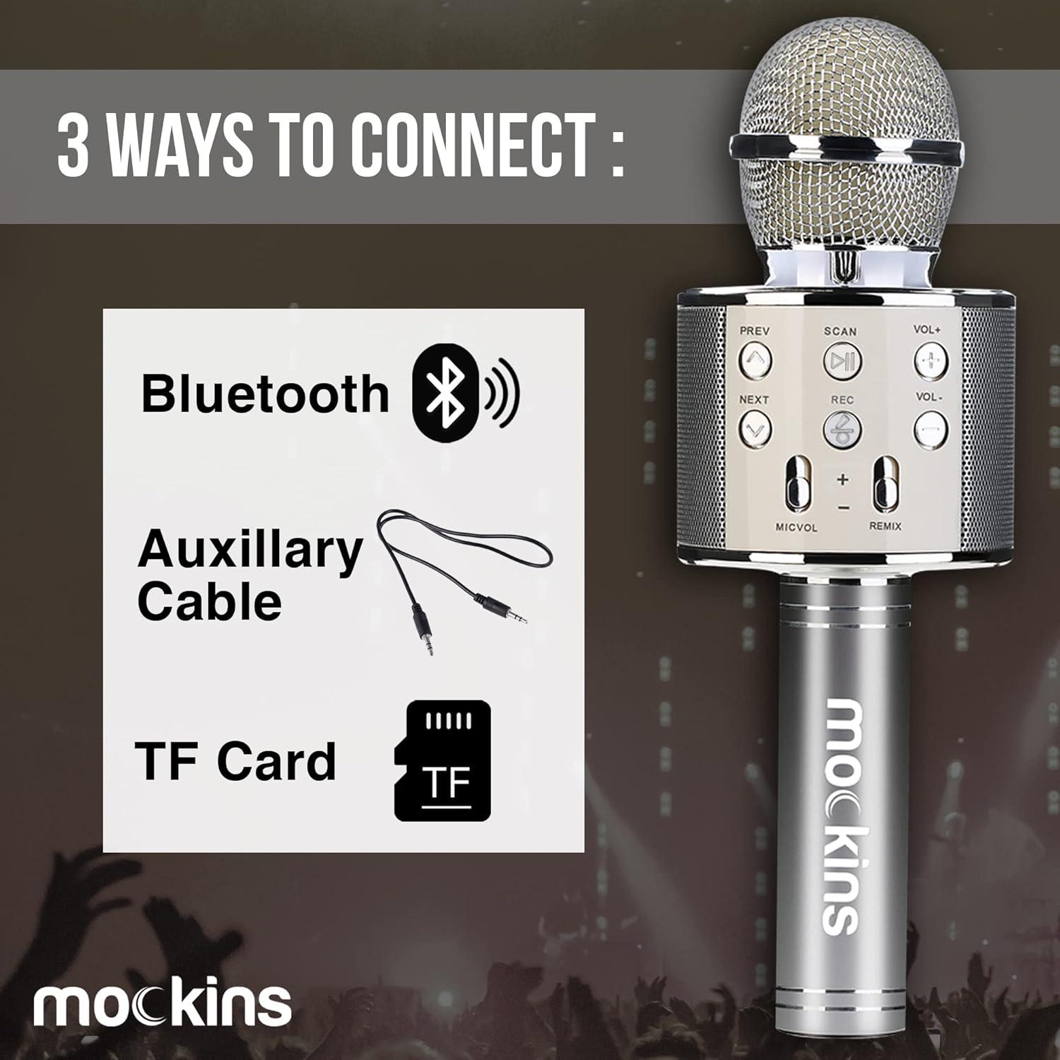 imageMockins Silver Bluetooth Karaoke Microphone for Kids with Built in Wireless Speaker Wireless Microphone Karaoke Compatible with iOS ampamp Android  AllinOne MicSilver