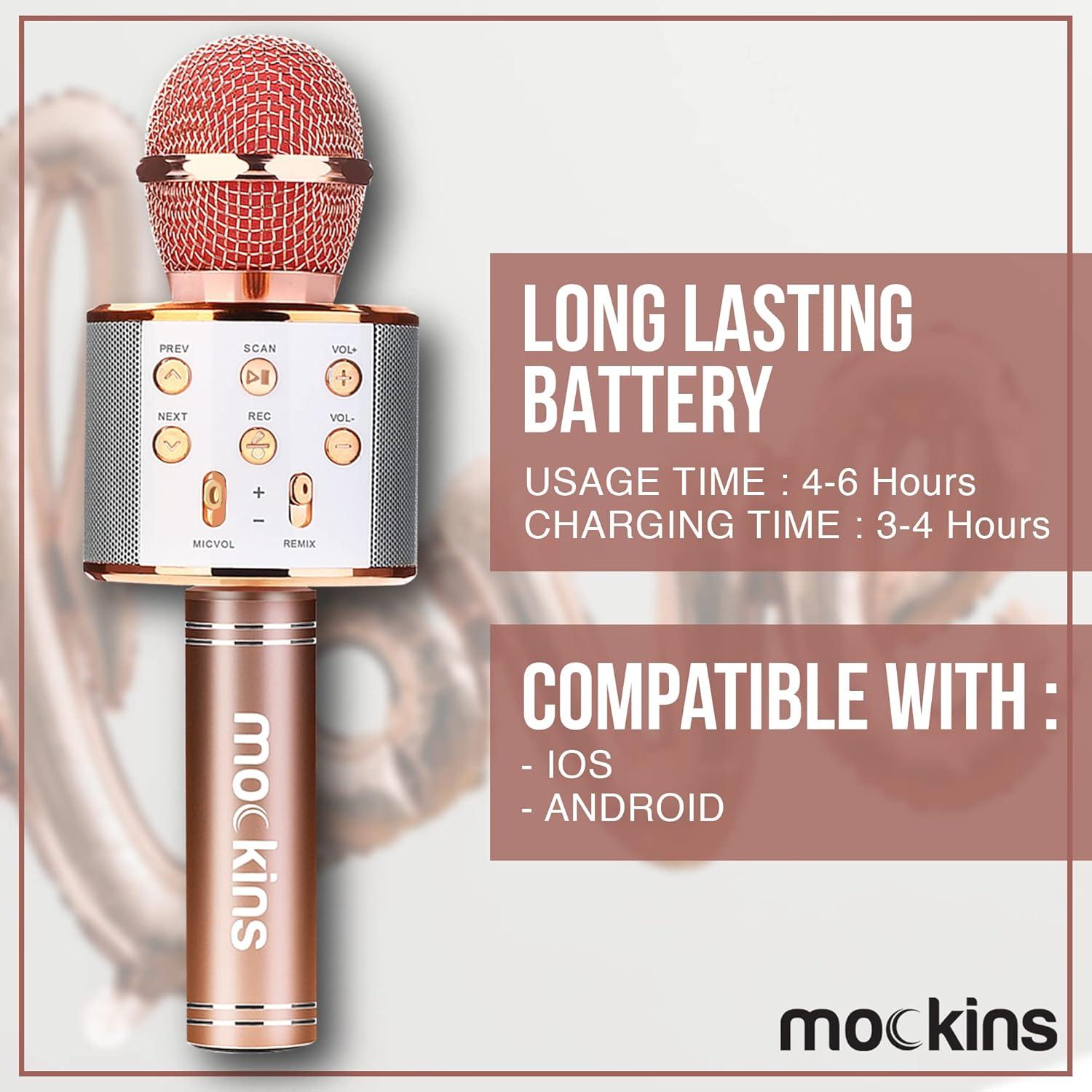 imageMockins Silver Bluetooth Karaoke Microphone for Kids with Built in Wireless Speaker Wireless Microphone Karaoke Compatible with iOS ampamp Android  AllinOne MicRose Gold