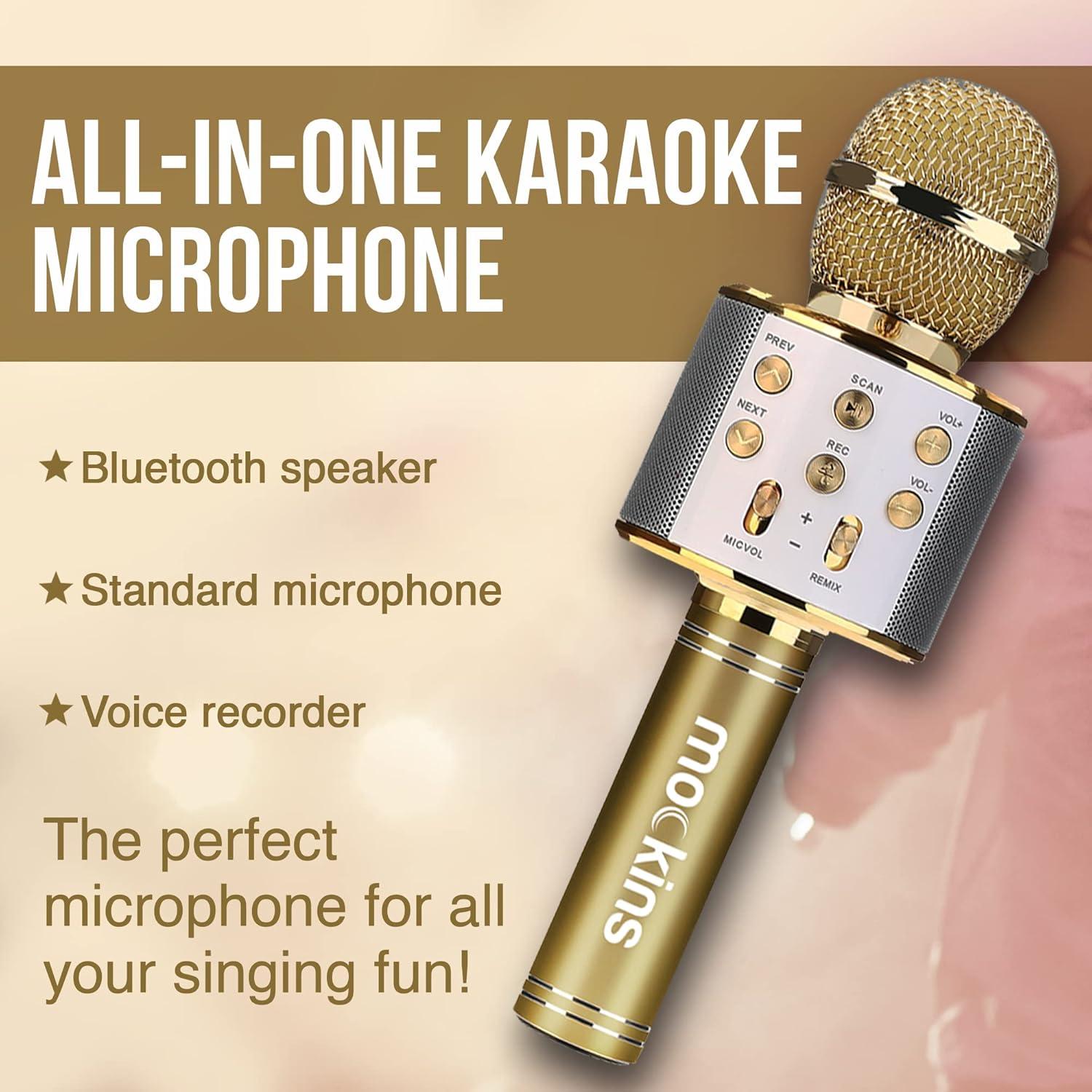 imageMockins Silver Bluetooth Karaoke Microphone for Kids with Built in Wireless Speaker Wireless Microphone Karaoke Compatible with iOS ampamp Android  AllinOne MicGold