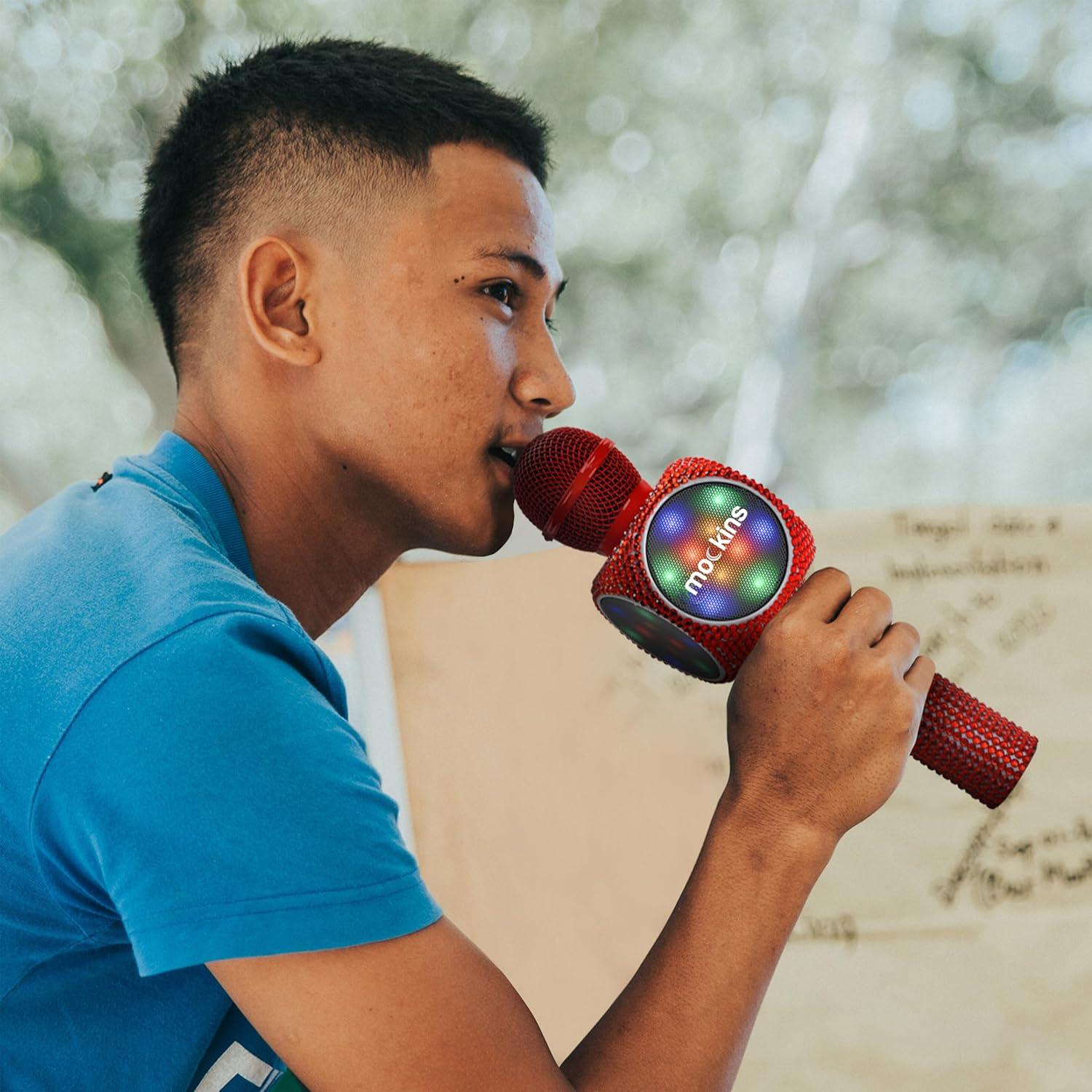 imageMockins Silver Bluetooth Karaoke Microphone for Kids with Built in Wireless Speaker Wireless Microphone Karaoke Compatible with iOS ampamp Android  AllinOne MicRed Bling