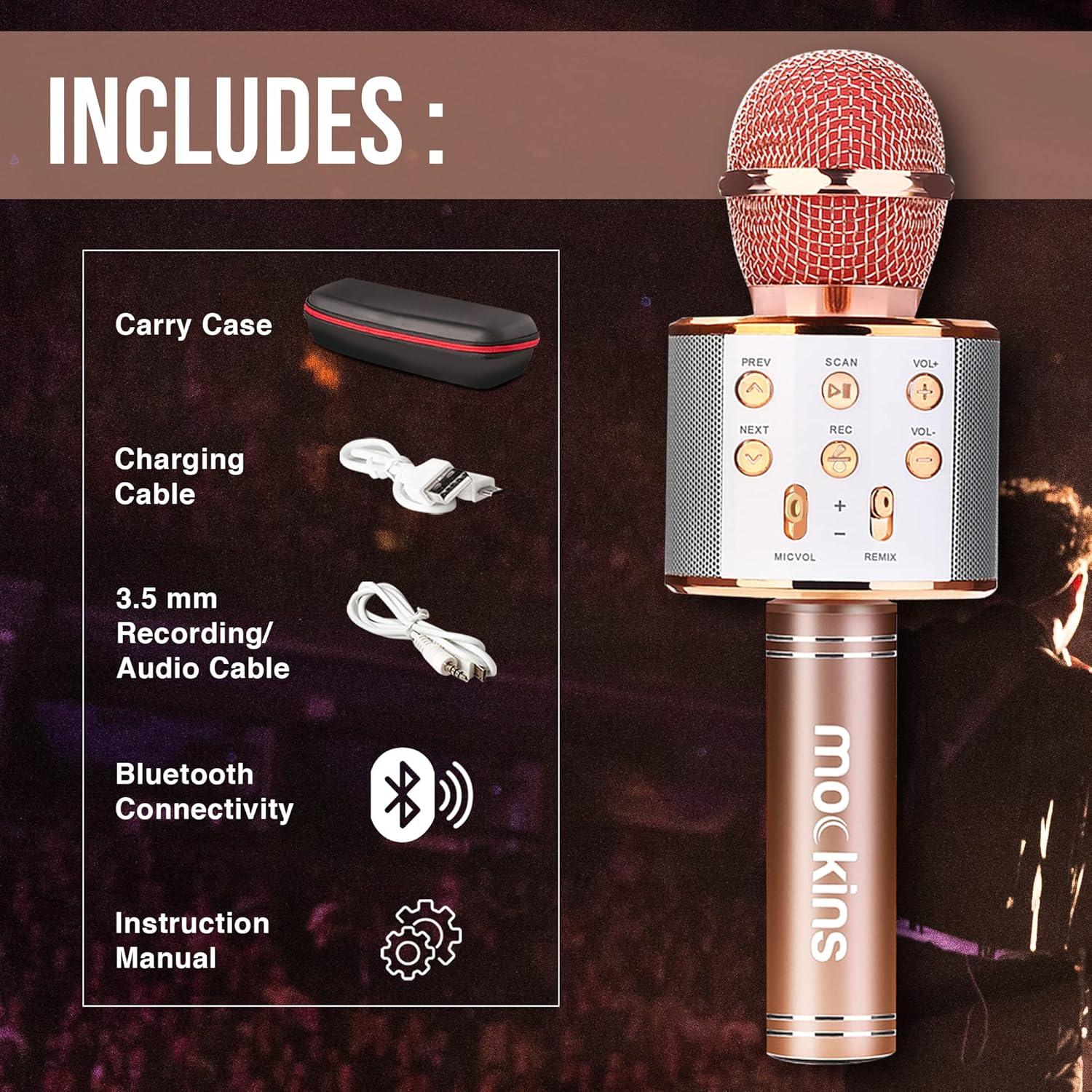 imageMockins Silver Bluetooth Karaoke Microphone for Kids with Built in Wireless Speaker Wireless Microphone Karaoke Compatible with iOS ampamp Android  AllinOne MicRose Gold