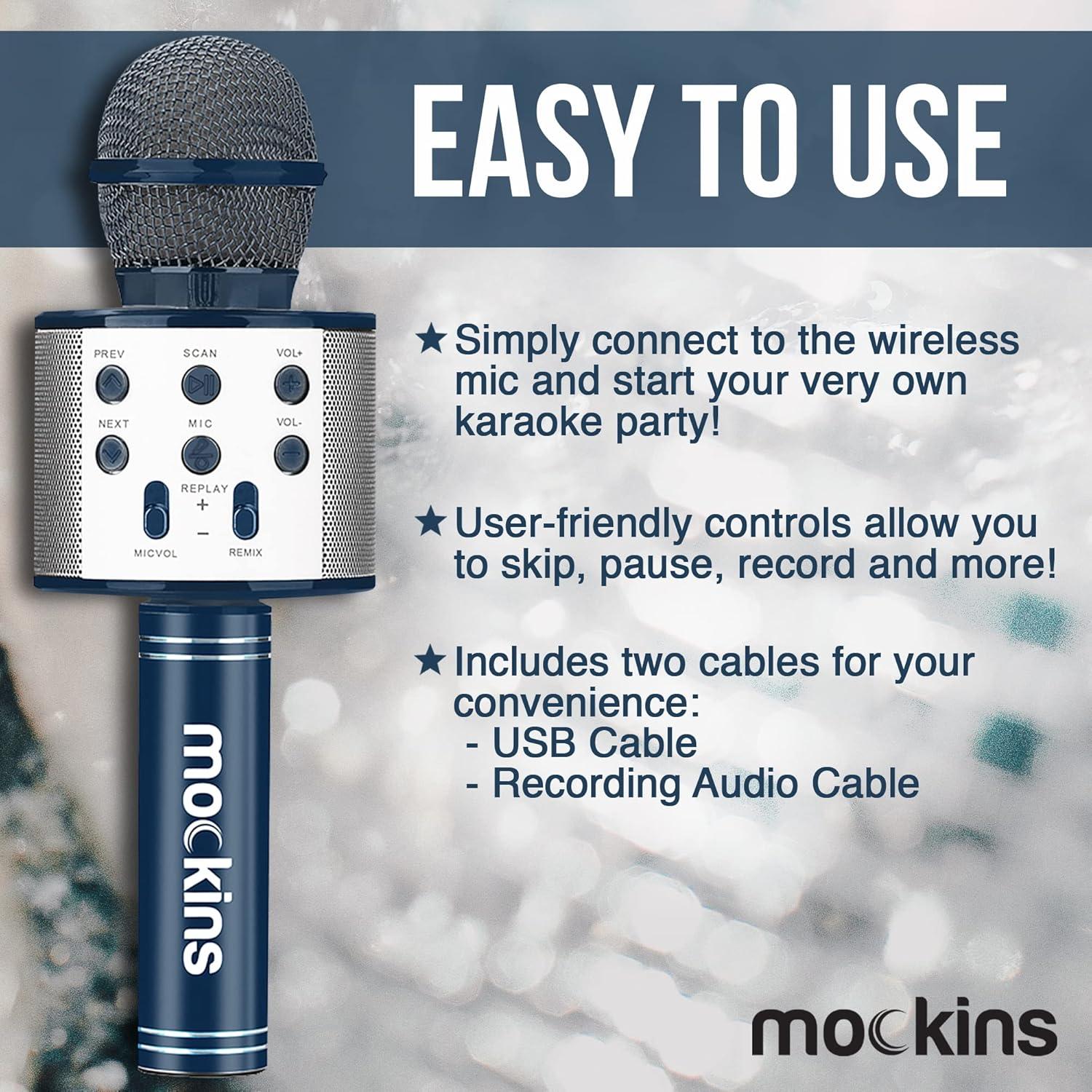 imageMockins Silver Bluetooth Karaoke Microphone for Kids with Built in Wireless Speaker Wireless Microphone Karaoke Compatible with iOS ampamp Android  AllinOne MicNavy