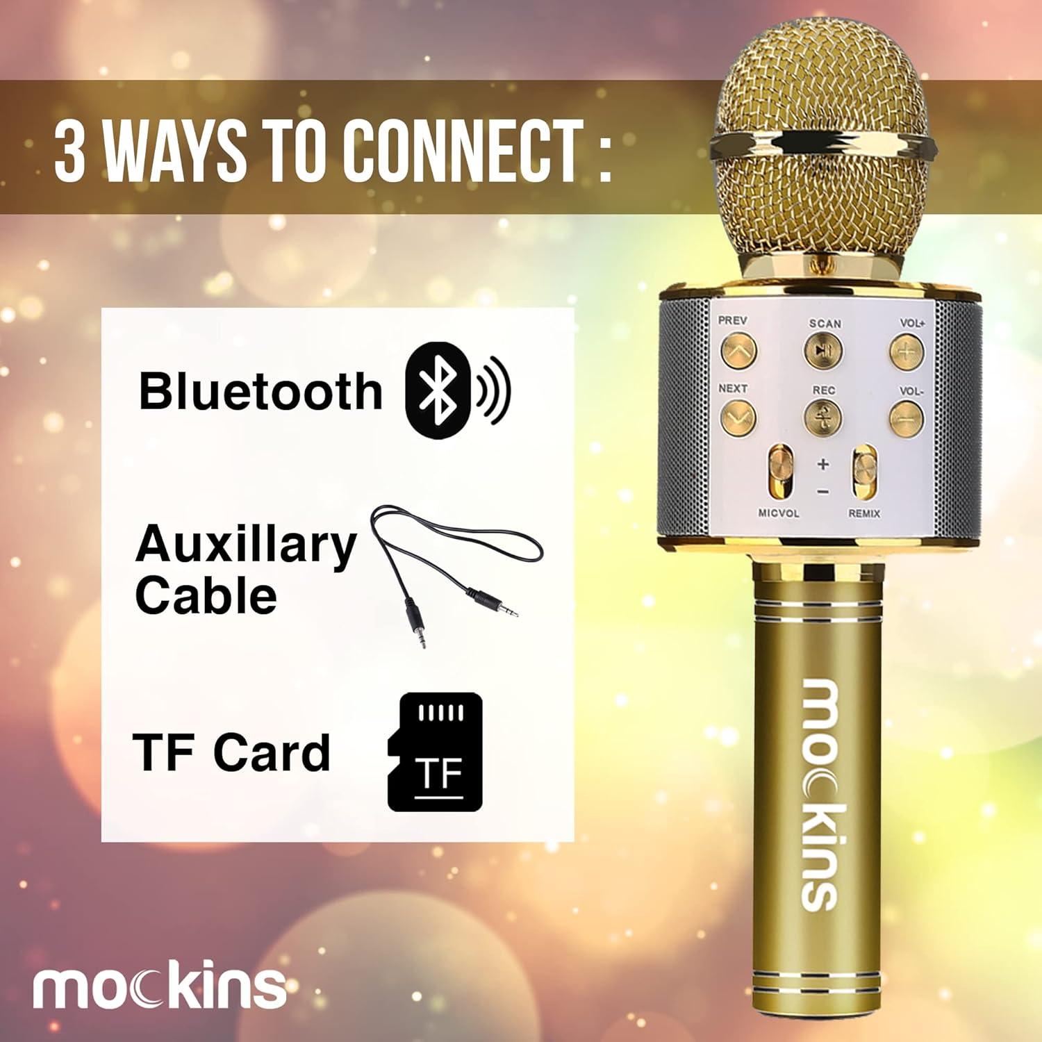 imageMockins Silver Bluetooth Karaoke Microphone for Kids with Built in Wireless Speaker Wireless Microphone Karaoke Compatible with iOS ampamp Android  AllinOne MicGold
