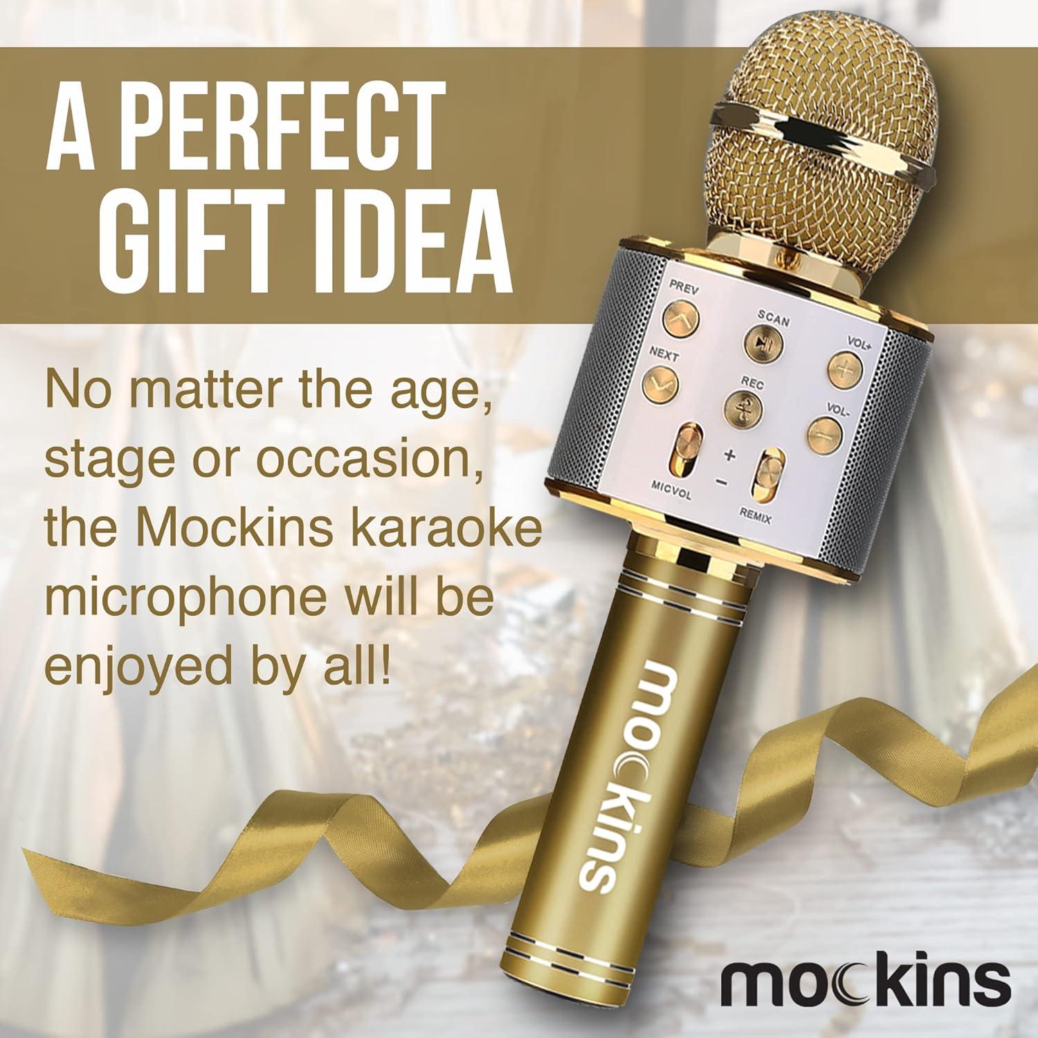 imageMockins Silver Bluetooth Karaoke Microphone for Kids with Built in Wireless Speaker Wireless Microphone Karaoke Compatible with iOS ampamp Android  AllinOne MicGold