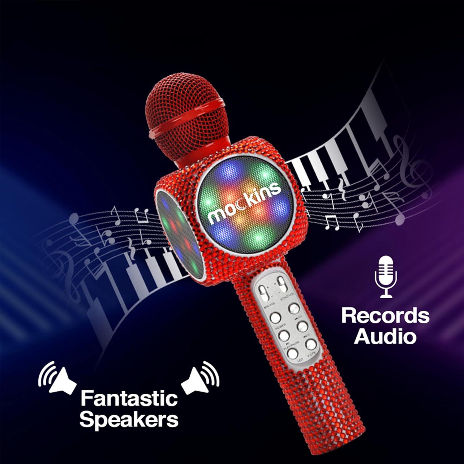 imageMockins Silver Bluetooth Karaoke Microphone for Kids with Built in Wireless Speaker Wireless Microphone Karaoke Compatible with iOS ampamp Android  AllinOne MicRed Bling