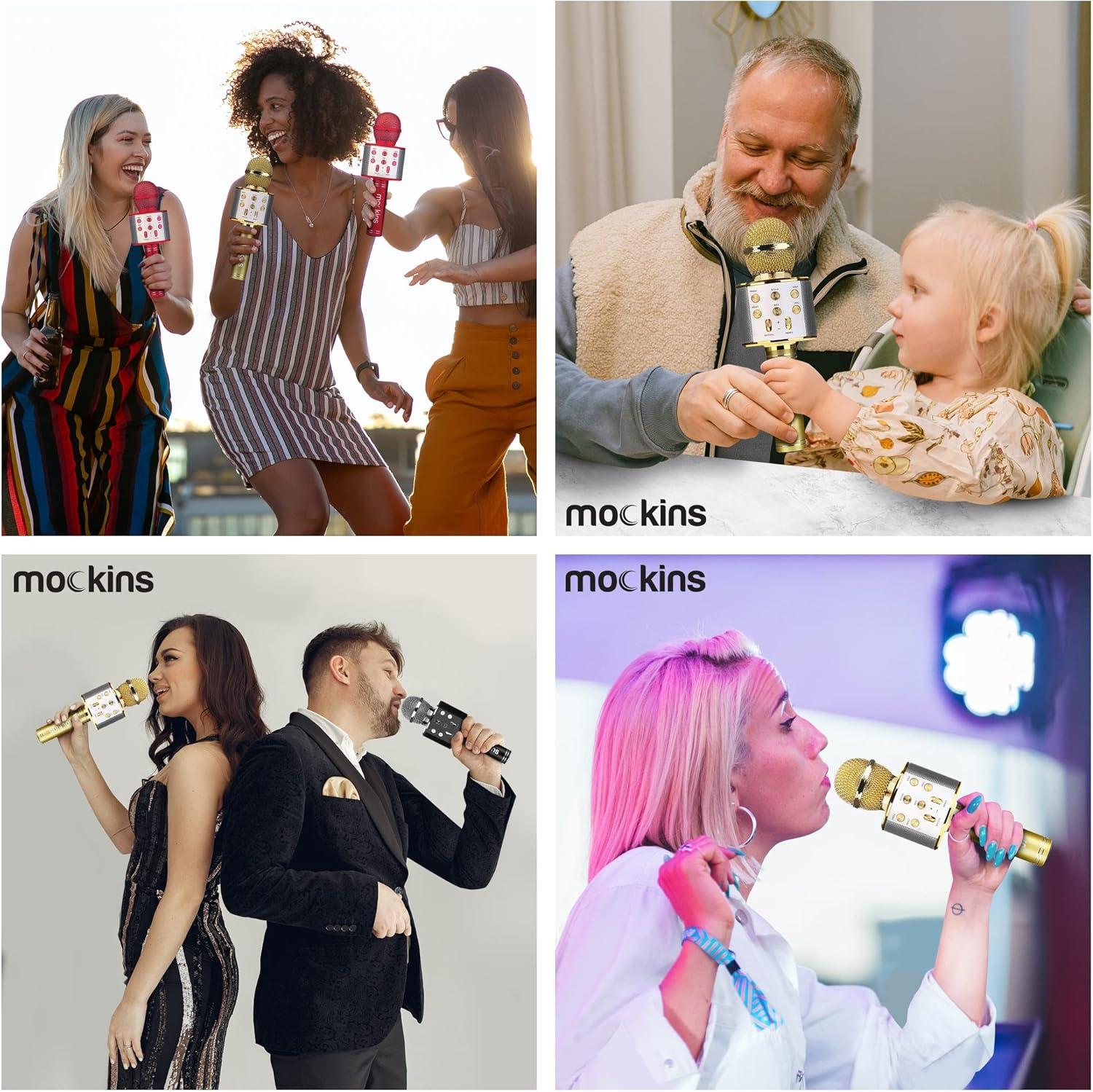 imageMockins Silver Bluetooth Karaoke Microphone for Kids with Built in Wireless Speaker Wireless Microphone Karaoke Compatible with iOS ampamp Android  AllinOne MicGold