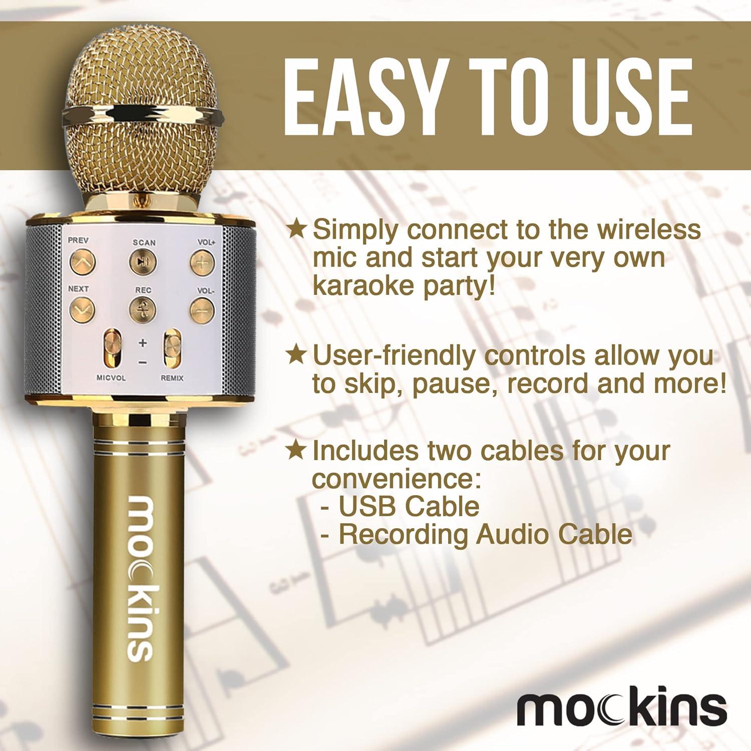 imageMockins Silver Bluetooth Karaoke Microphone for Kids with Built in Wireless Speaker Wireless Microphone Karaoke Compatible with iOS ampamp Android  AllinOne MicGold