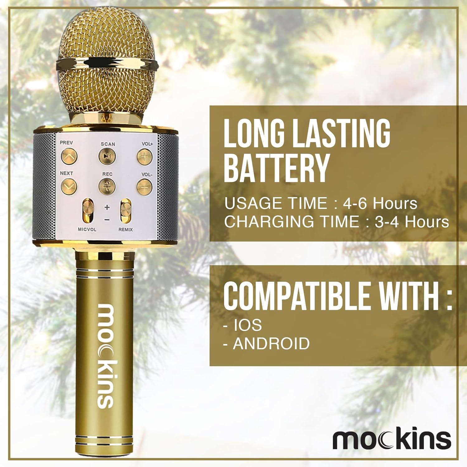 imageMockins Silver Bluetooth Karaoke Microphone for Kids with Built in Wireless Speaker Wireless Microphone Karaoke Compatible with iOS ampamp Android  AllinOne MicGold