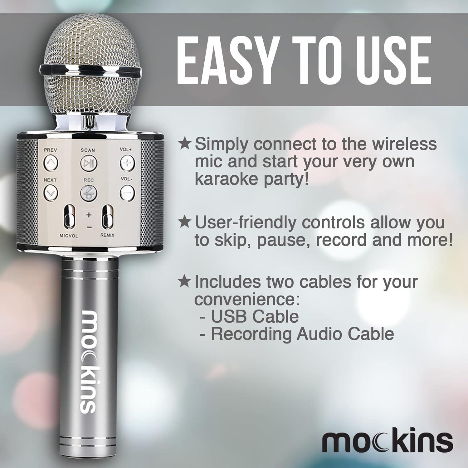 imageMockins Silver Bluetooth Karaoke Microphone for Kids with Built in Wireless Speaker Wireless Microphone Karaoke Compatible with iOS ampamp Android  AllinOne MicSilver