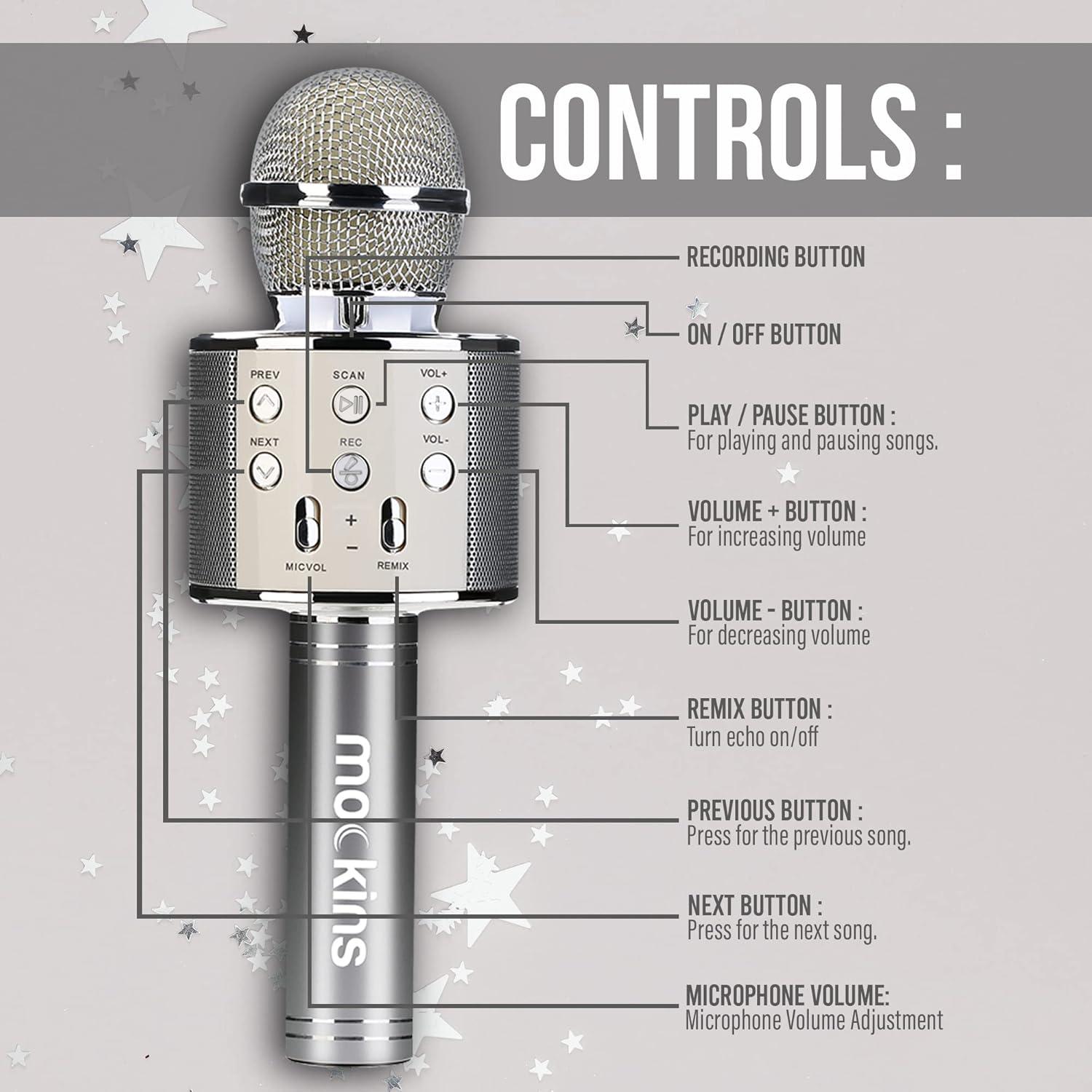 imageMockins Silver Bluetooth Karaoke Microphone for Kids with Built in Wireless Speaker Wireless Microphone Karaoke Compatible with iOS ampamp Android  AllinOne MicSilver