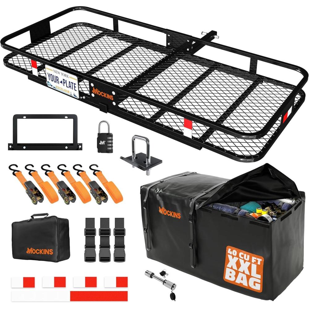 imageMockins 40 Cubic Ft Cargo Carrier Bag ampamp 70quotx30quotx6quot Folding Trailer Hitch Cargo Carrier Bundle