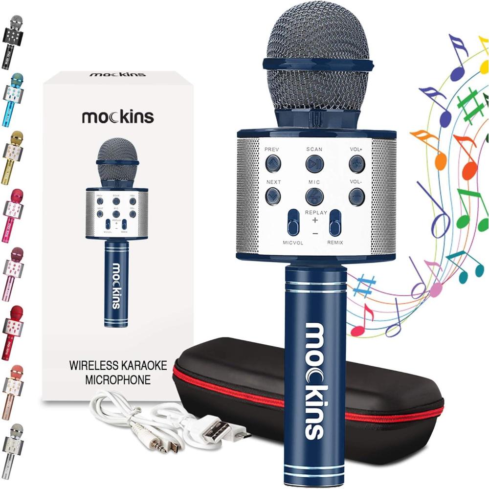 imageMockins Silver Bluetooth Karaoke Microphone for Kids with Built in Wireless Speaker Wireless Microphone Karaoke Compatible with iOS ampamp Android  AllinOne MicNavy