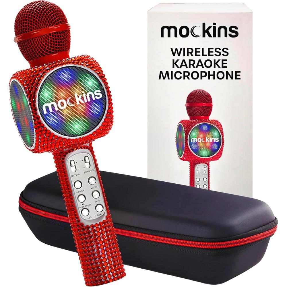 imageMockins Silver Bluetooth Karaoke Microphone for Kids with Built in Wireless Speaker Wireless Microphone Karaoke Compatible with iOS ampamp Android  AllinOne MicRed Bling