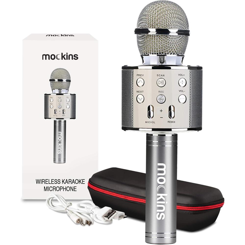 imageMockins Silver Bluetooth Karaoke Microphone for Kids with Built in Wireless Speaker Wireless Microphone Karaoke Compatible with iOS ampamp Android  AllinOne MicSilver