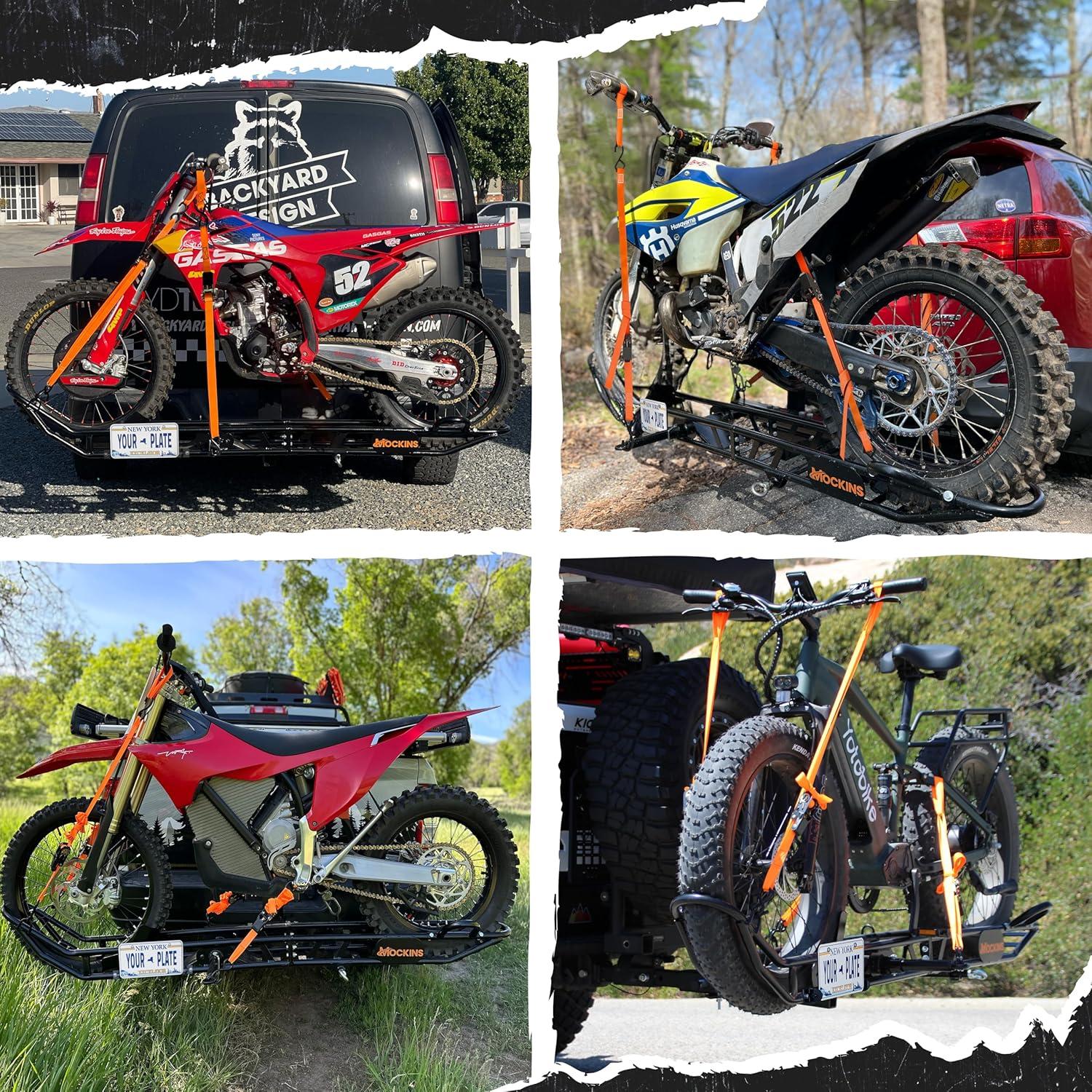 imageMockins 83quot Tilting Motorcycle Hitch Carrier  500 Lbs Capacity eBike Rack wEasy Loading Ramp for Up to 55quot W Tires  Dirt Bike Rack Hitch Hauler Set wLicense Plate Holder Stabilizer ampamp Straps