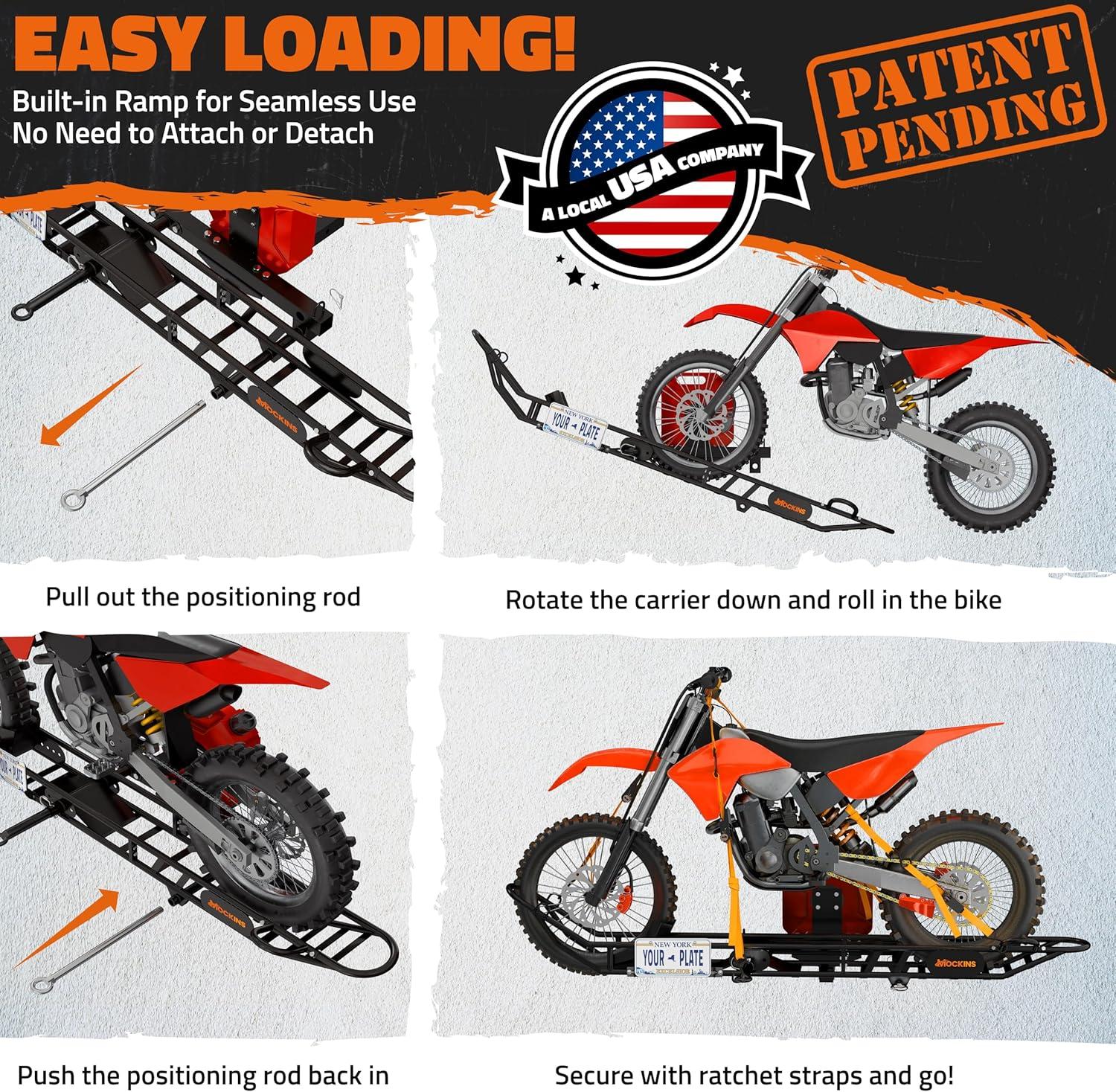 imageMockins 83quot Tilting Motorcycle Hitch Carrier  500 Lbs Capacity eBike Rack wEasy Loading Ramp for Up to 55quot W Tires  Dirt Bike Rack Hitch Hauler Set wLicense Plate Holder Stabilizer ampamp Straps