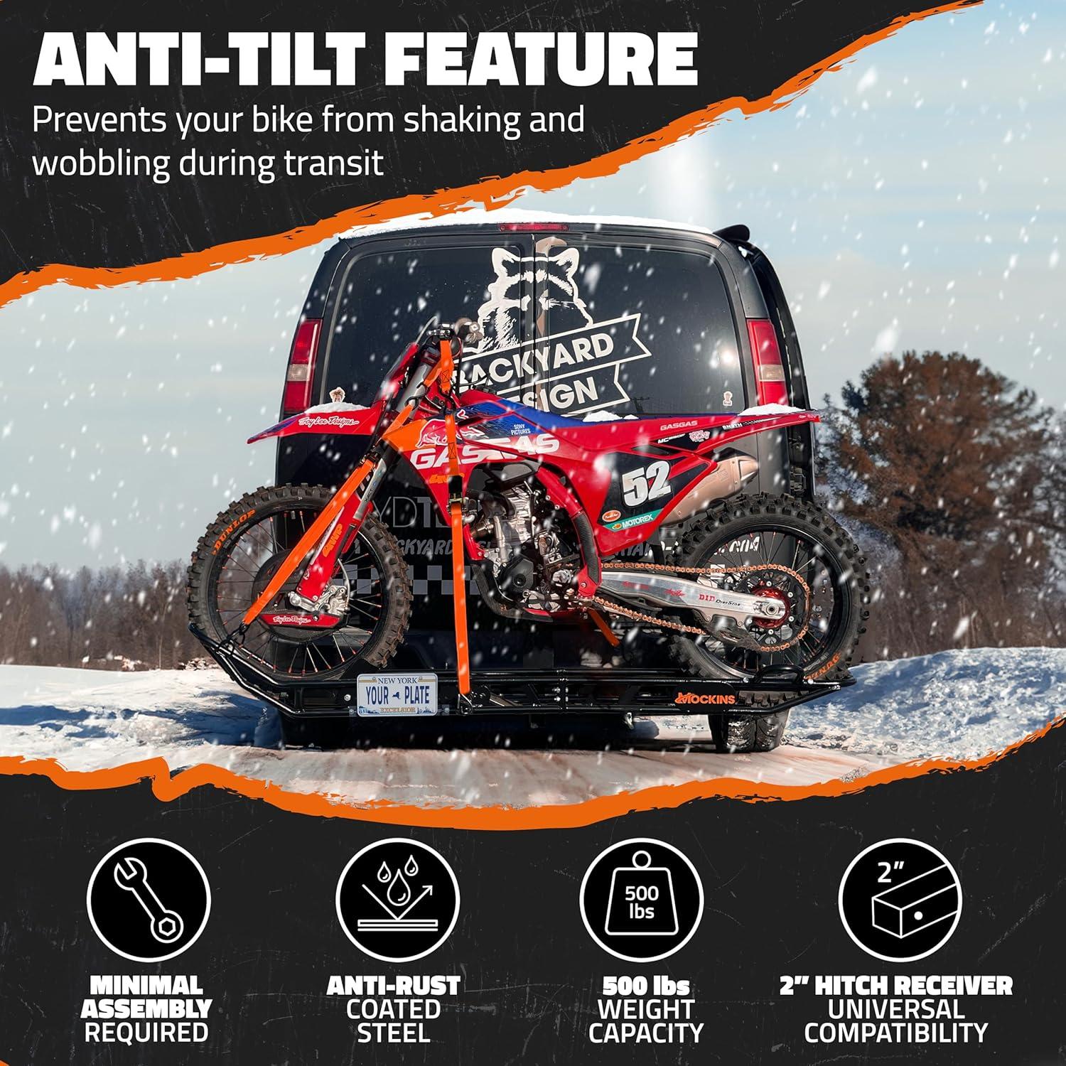 imageMockins 83quot Tilting Motorcycle Hitch Carrier  500 Lbs Capacity eBike Rack wEasy Loading Ramp for Up to 55quot W Tires  Dirt Bike Rack Hitch Hauler Set wLicense Plate Holder Stabilizer ampamp Straps