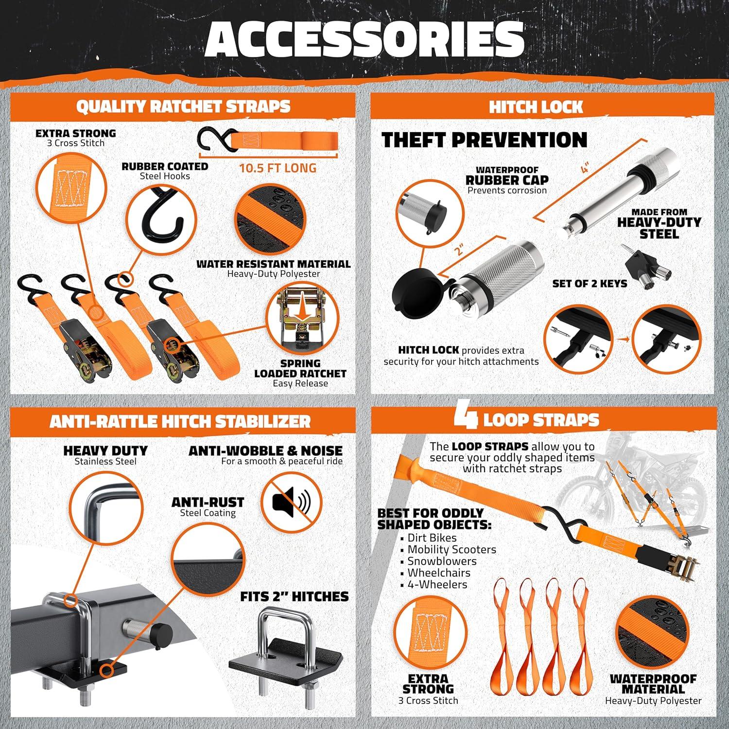 imageMockins 83quot Tilting Motorcycle Hitch Carrier  500 Lbs Capacity eBike Rack wEasy Loading Ramp for Up to 55quot W Tires  Dirt Bike Rack Hitch Hauler Set wLicense Plate Holder Stabilizer ampamp Straps